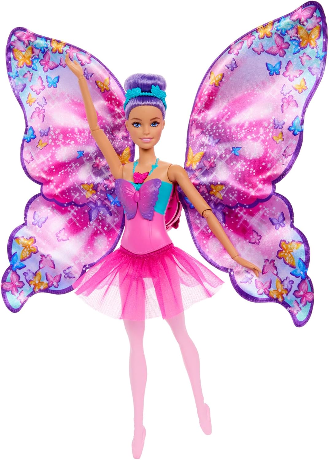 Barbie - Ali Scintillanti, Bambola Dai Capelli Viola, Trasformazione 2 In 1 Da Ballerina A Farfalla
