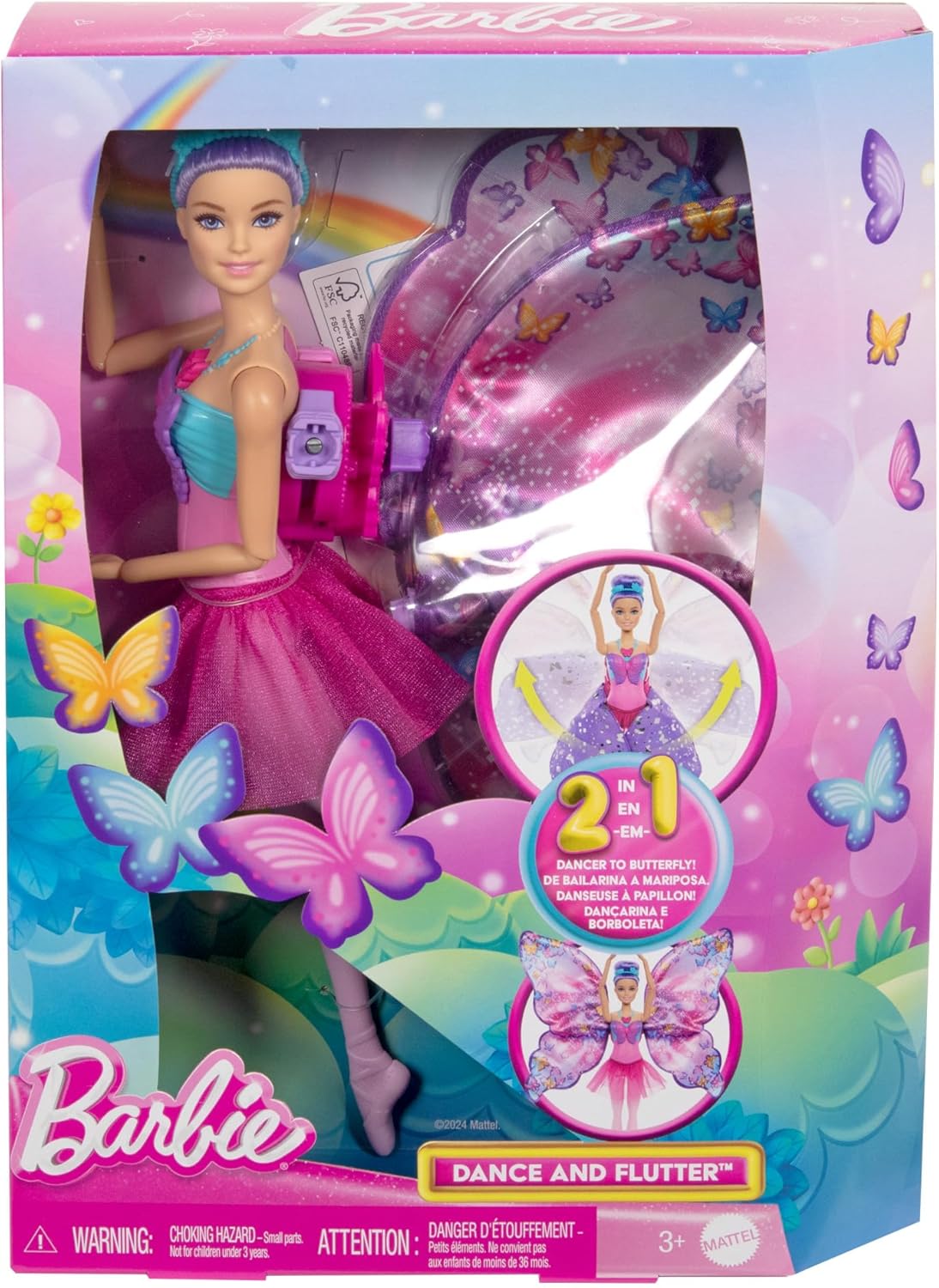 Barbie - Ali Scintillanti, Bambola Dai Capelli Viola, Trasformazione 2 In 1 Da Ballerina A Farfalla
