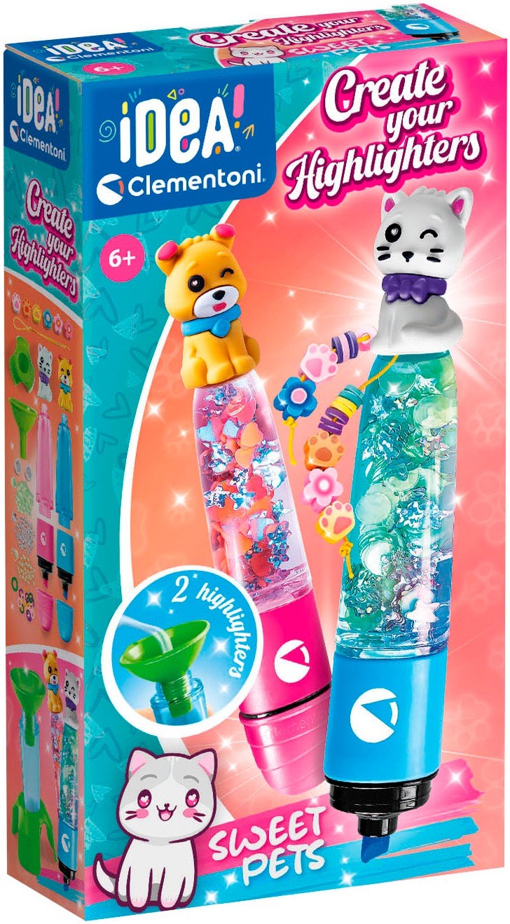 Clementoni Idea - Create Your Highlighters: Sweet Pets Laboratorio Degli Evidenziatori Personalizzati Kit Creativo per Bambini 6+ Anni Con 3 Eviden