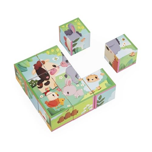 Janod Cardboard for Children and Babies-Farm Theme-9 Cubes and 6 Possible Puzzles-Toy for the First Fine Motor Skills-Watercolour-a from 2 Years, J033