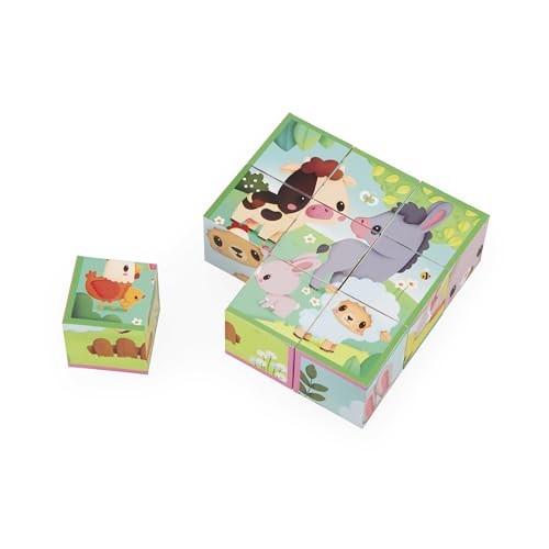 Janod Cardboard for Children and Babies-Farm Theme-9 Cubes and 6 Possible Puzzles-Toy for the First Fine Motor Skills-Watercolour-a from 2 Years, J033