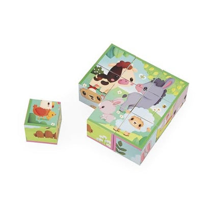 Janod Cardboard for Children and Babies-Farm Theme-9 Cubes and 6 Possible Puzzles-Toy for the First Fine Motor Skills-Watercolour-a from 2 Years, J033