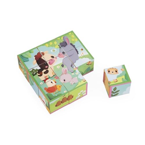 Janod Cardboard for Children and Babies-Farm Theme-9 Cubes and 6 Possible Puzzles-Toy for the First Fine Motor Skills-Watercolour-a from 2 Years, J033
