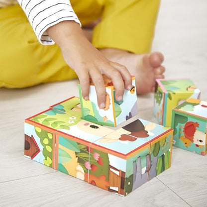 Janod Cardboard for Children and Babies-Farm Theme-9 Cubes and 6 Possible Puzzles-Toy for the First Fine Motor Skills-Watercolour-a from 2 Years, J033