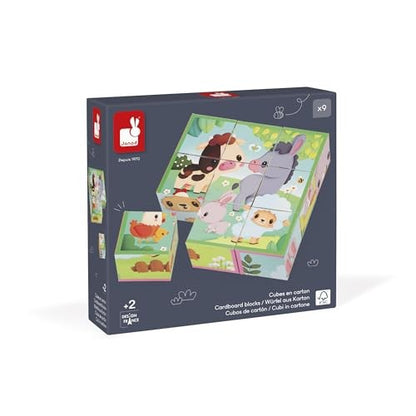 Janod Cardboard for Children and Babies-Farm Theme-9 Cubes and 6 Possible Puzzles-Toy for the First Fine Motor Skills-Watercolour-a from 2 Years, J033