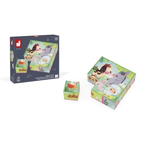 Janod Cardboard for Children and Babies-Farm Theme-9 Cubes and 6 Possible Puzzles-Toy for the First Fine Motor Skills-Watercolour-a from 2 Years, J033