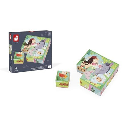 Janod Cardboard for Children and Babies-Farm Theme-9 Cubes and 6 Possible Puzzles-Toy for the First Fine Motor Skills-Watercolour-a from 2 Years, J033