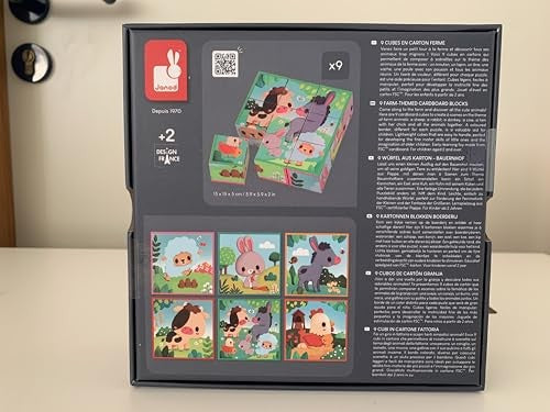 Janod Cardboard for Children and Babies-Farm Theme-9 Cubes and 6 Possible Puzzles-Toy for the First Fine Motor Skills-Watercolour-a from 2 Years, J033