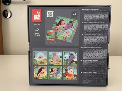 Janod Cardboard for Children and Babies-Farm Theme-9 Cubes and 6 Possible Puzzles-Toy for the First Fine Motor Skills-Watercolour-a from 2 Years, J033