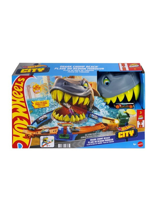 Hot Wheels City Shark Chomp Beach – Set da gioco con auto pressofusa 1:64