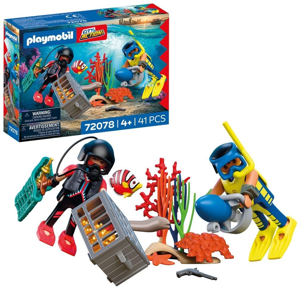 PLAYMOBIL City Action Subacqueo della polizia con tesoro 2 personaggi + scooter subacqueo e animali marini Stimola la creatività Giocattolo per bambini dai