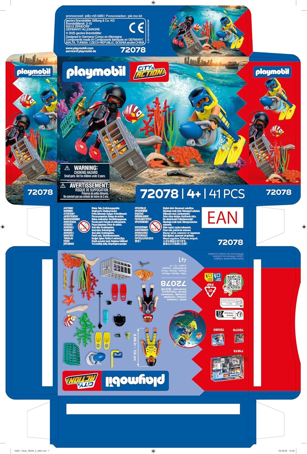 PLAYMOBIL City Action Subacqueo della polizia con tesoro 2 personaggi + scooter subacqueo e animali marini Stimola la creatività Giocattolo per bambini dai