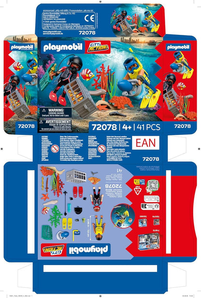 PLAYMOBIL City Action Subacqueo della polizia con tesoro 2 personaggi + scooter subacqueo e animali marini Stimola la creatività Giocattolo per bambini dai