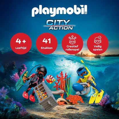 PLAYMOBIL City Action Subacqueo della polizia con tesoro 2 personaggi + scooter subacqueo e animali marini Stimola la creatività Giocattolo per bambini dai