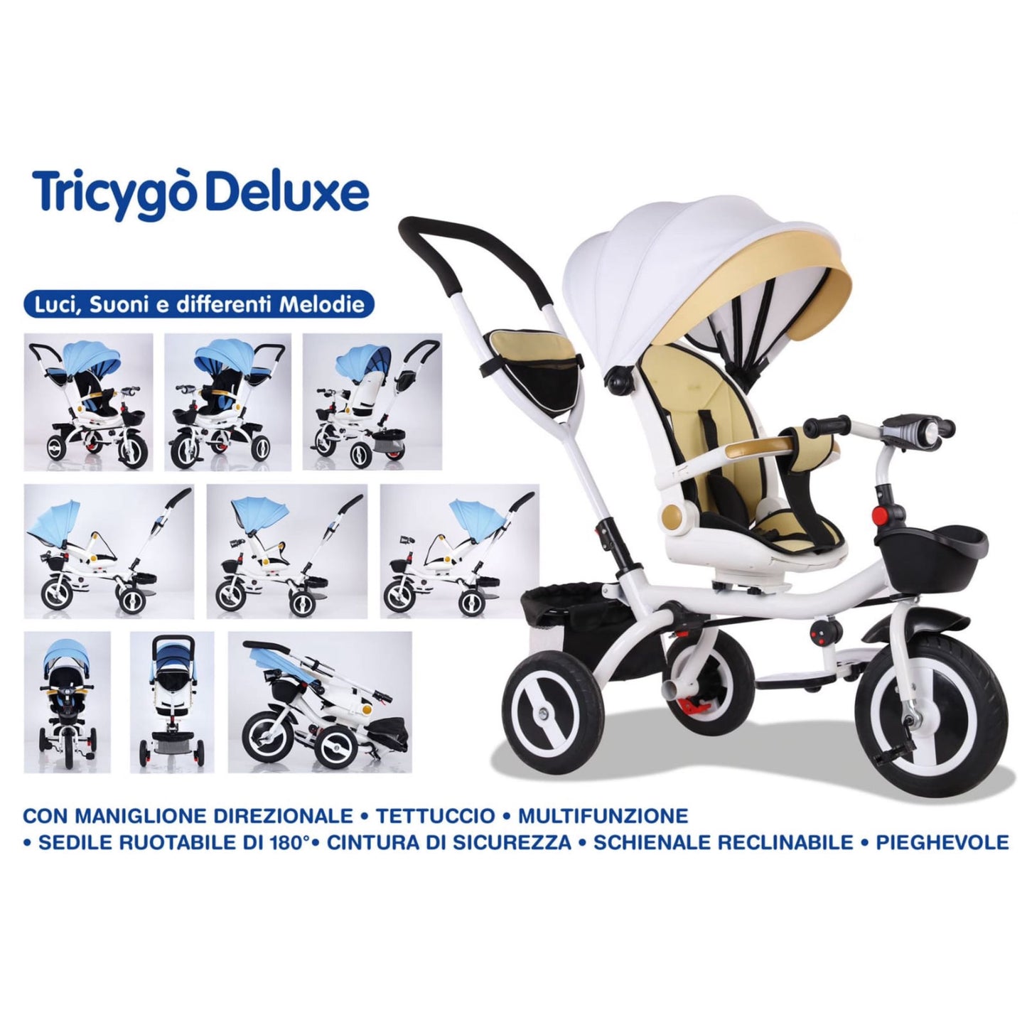 TRICICLO DELUXE BIANCO/GIALLO SCHIENALE INCLINABILE