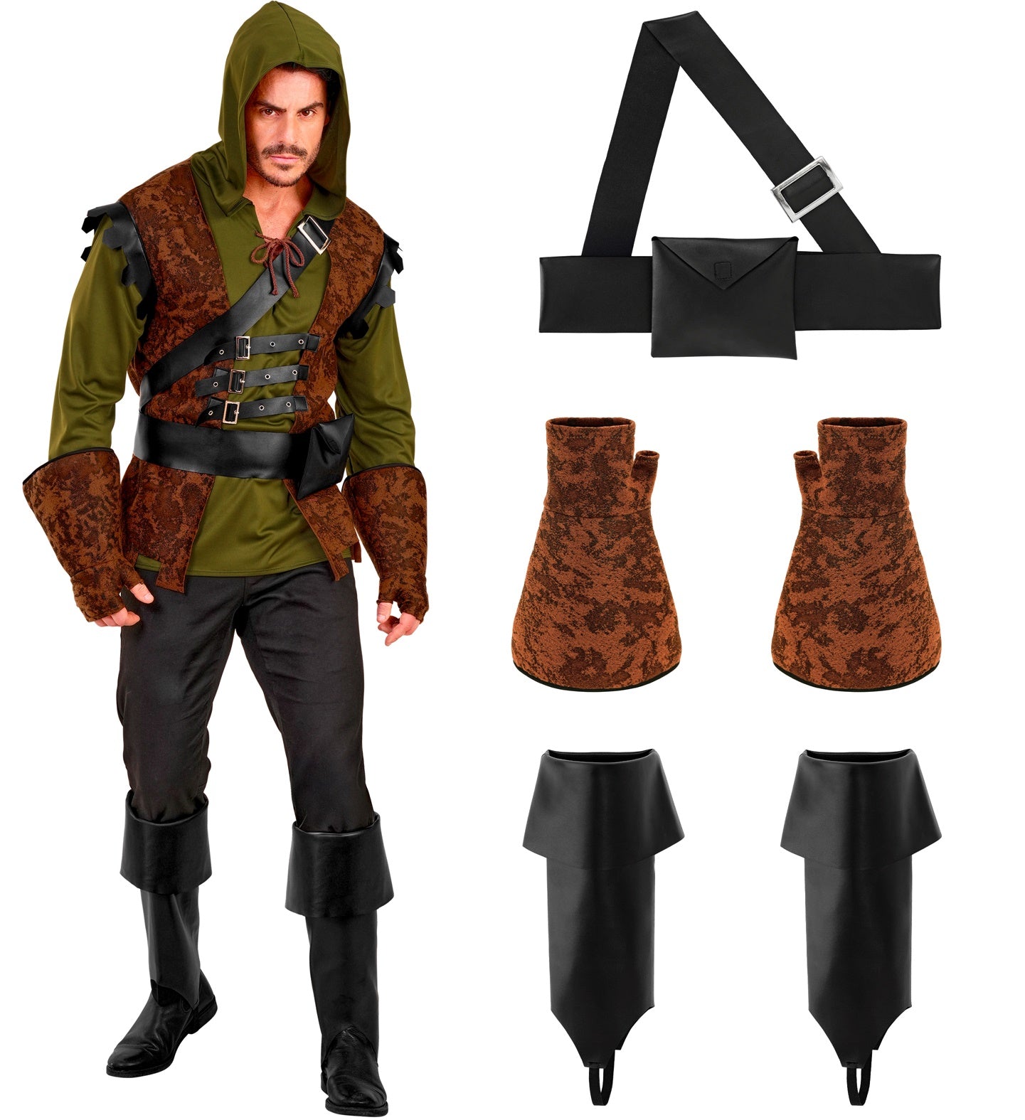 ROBIN OF SHERWOOD (camicia con cappuccio e gilet, fascia con fibbia, cintura con marsupio, guanti, L