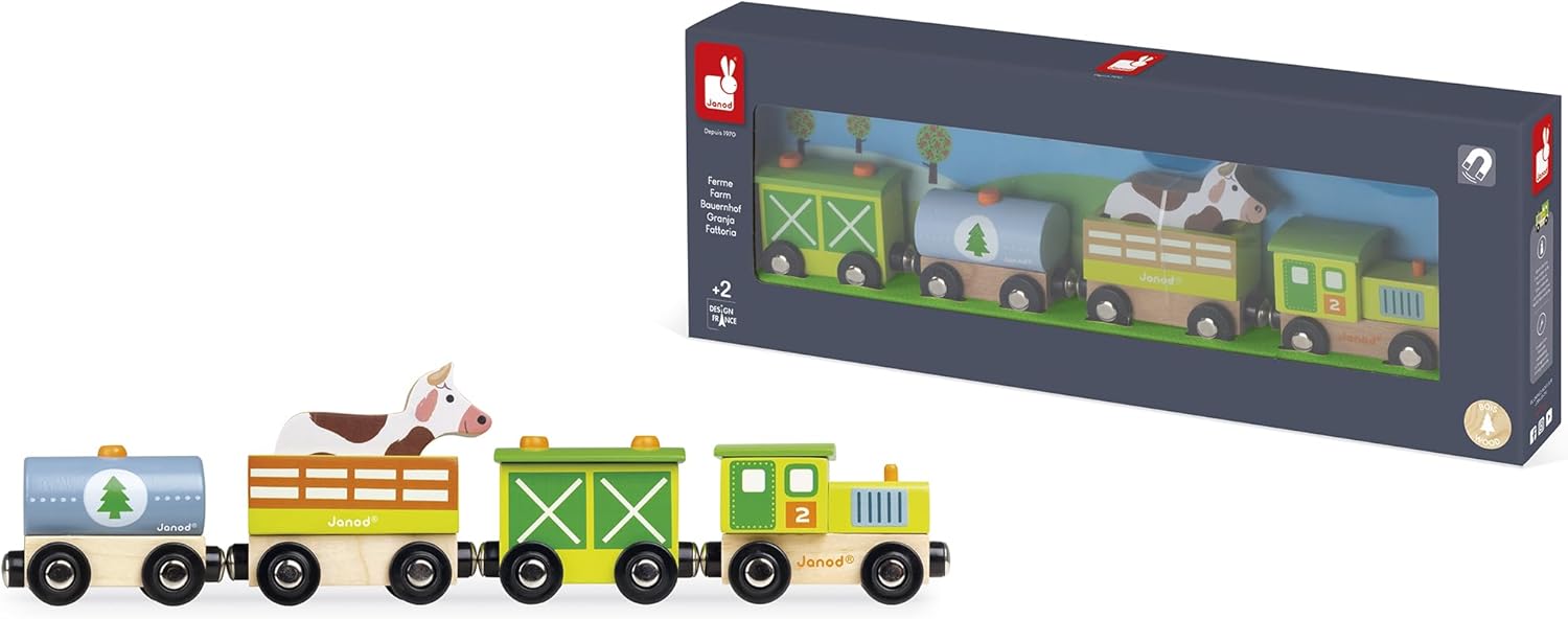 Janod - Set Trenino Della Fattoria Story - 5 Figurine In Legno Animali E Veicoli