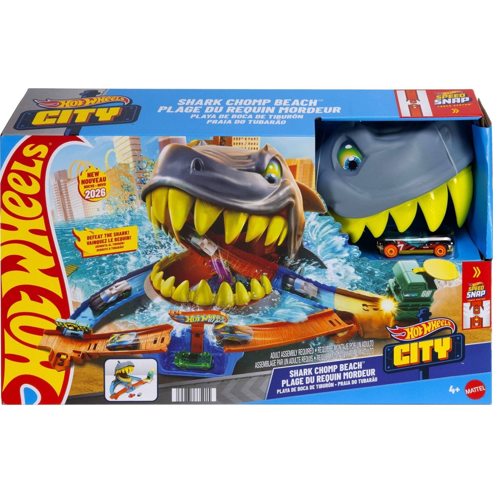 Hot Wheels City Shark Chomp Beach – Set da gioco con auto pressofusa 1:64