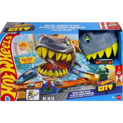 Hot Wheels City Shark Chomp Beach – Set da gioco con auto pressofusa 1:64
