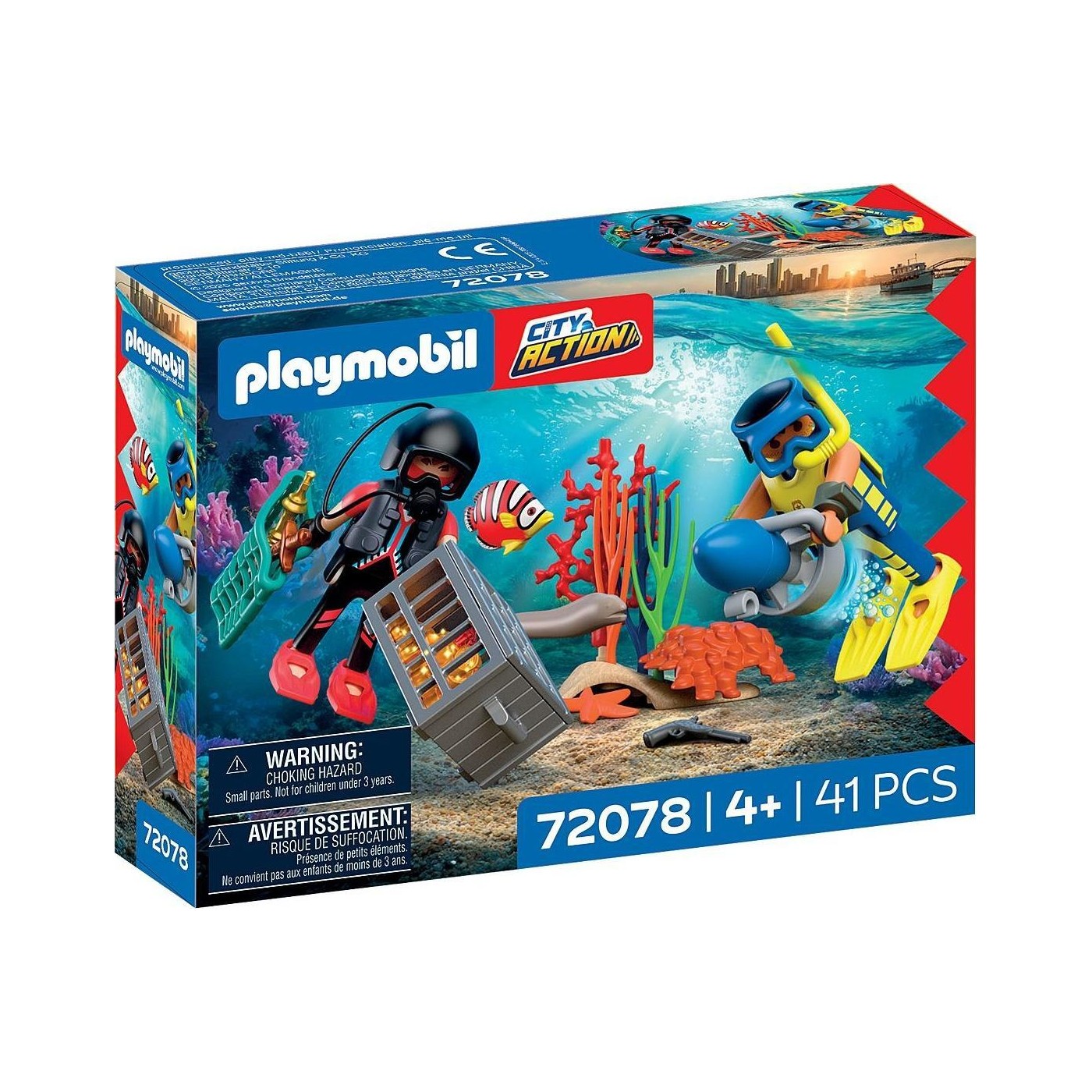 PLAYMOBIL City Action Subacqueo della polizia con tesoro 2 personaggi + scooter subacqueo e animali marini Stimola la creatività Giocattolo per bambini dai