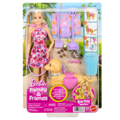 Barbie con Cani Da Passeggio Malibu, Bambola, Cane per Passeggiare E Fare La Cacca