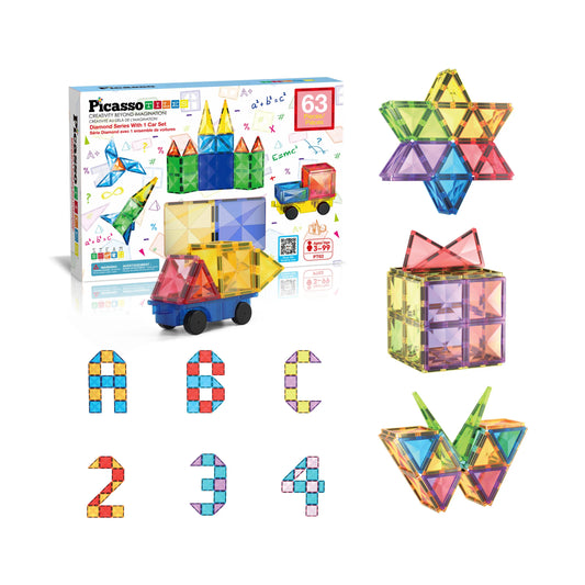 PicassoTiles Magnetic Tiles and Vehicle 63 Pezzi