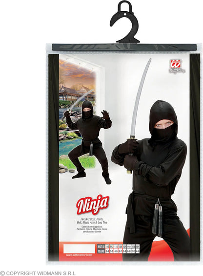 costume NINJA (casacca con cappuccio, pantaloni, cintura, maschera, fasce per braccia e gambe) 116 cm / 4-5 anni