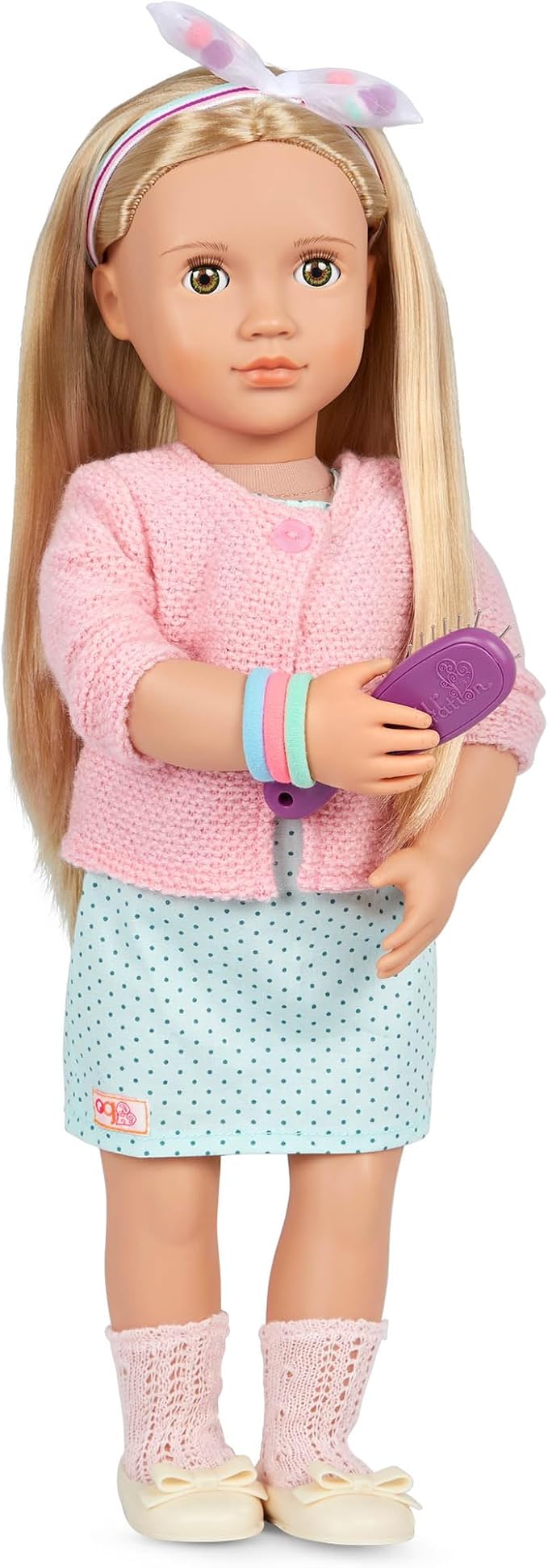 Our Generation Pretty Pom Poms - Set di fermagli per capelli, spazzola, elastici per capelli e molto altro ancora, accessori per bambole da 46 cm, g