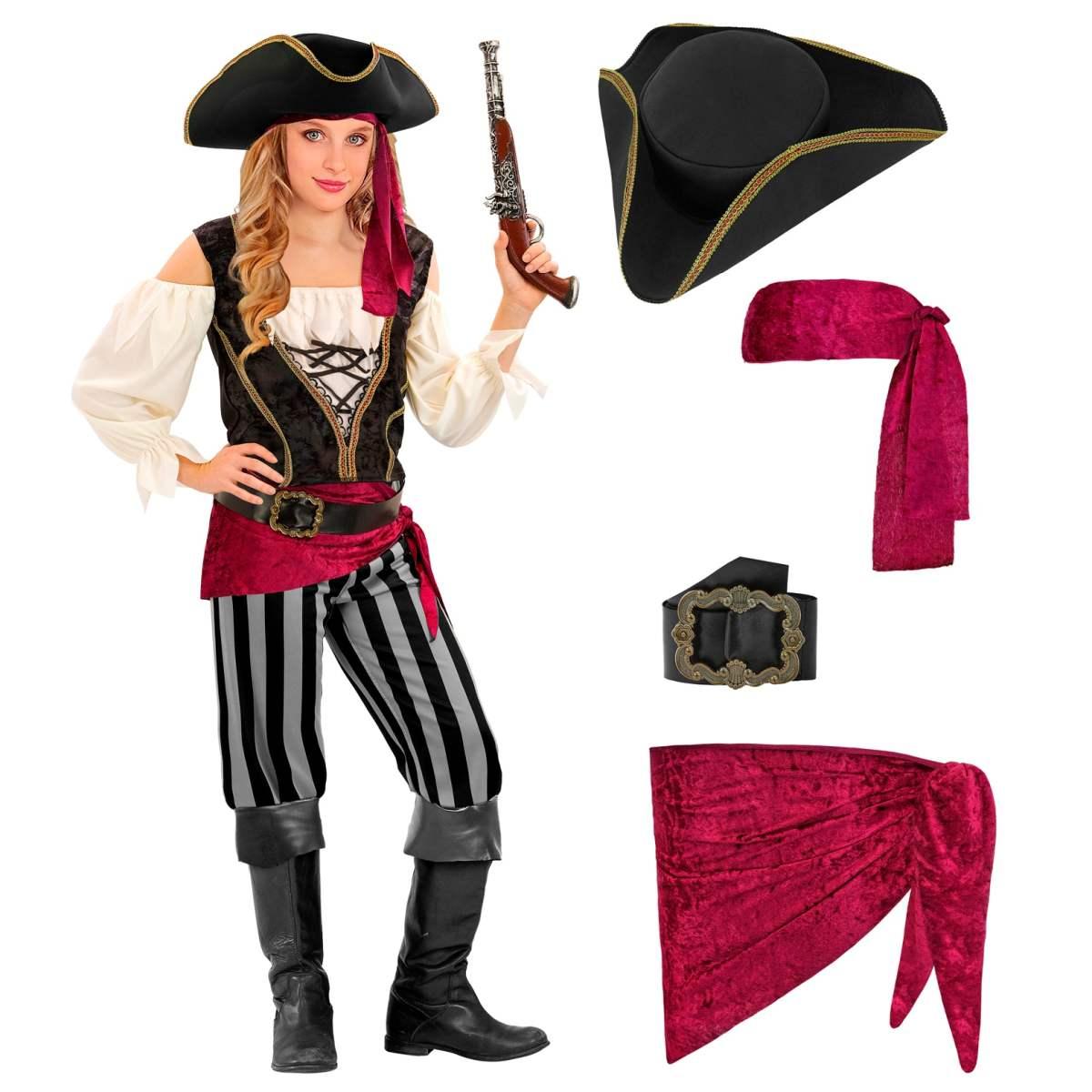 PIRATA (camicia con gilet, pantaloni, fascia, cintura, fascia per testa, cappello) 128 cm / 5-7 anni