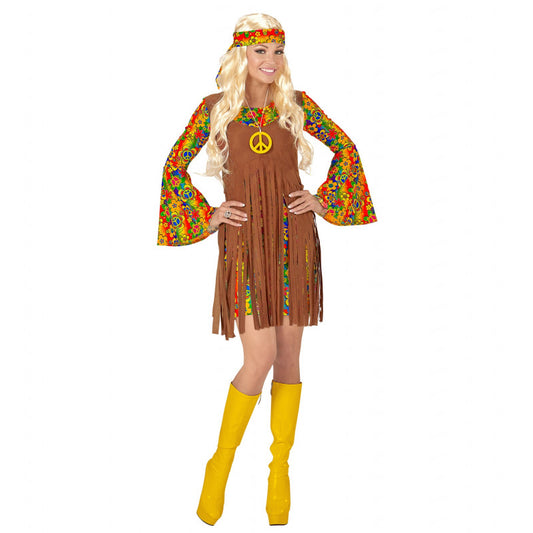 Costume Ragazza Hippie (Vestito Con Gilet, Fascia Per Testa, Collana Segno Della Pace) (S)
