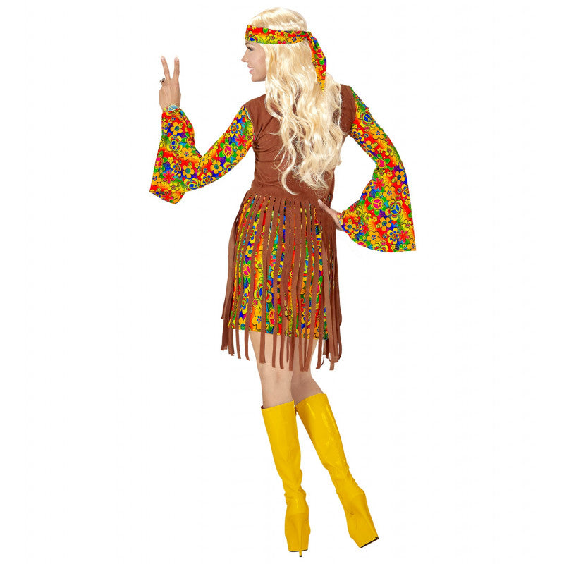Costume Ragazza Hippie (Vestito Con Gilet, Fascia Per Testa, Collana Segno Della Pace) (S)