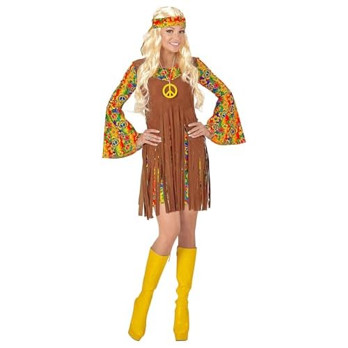 Costume Ragazza Hippie (Vestito Con Gilet, Fascia Per Testa, Collana Segno Della Pace) (M)