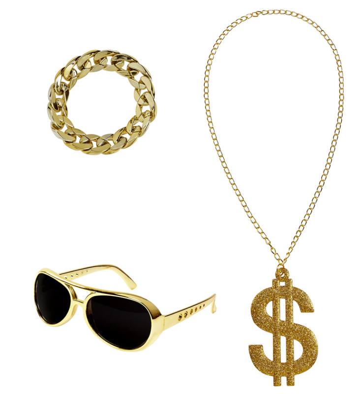 Pappone (Occhiali Da Sole Oro, Collana Dollaro Oro , Braccialetto Oro)