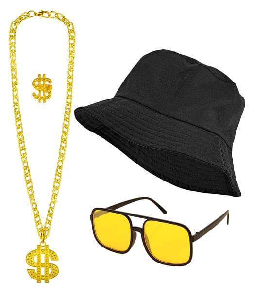 Moda Hip Hop Anni 90 Nero (Cappello Da Pescatore, Occhiali, Collana, Anello)