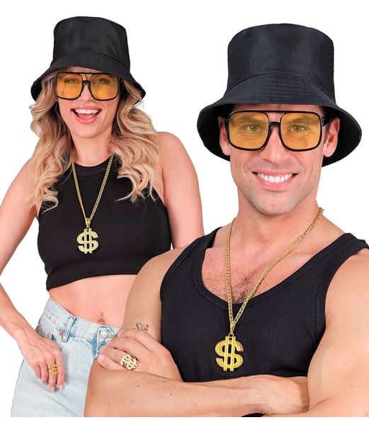 Moda Hip Hop Anni 90 Nero (Cappello Da Pescatore, Occhiali, Collana, Anello)