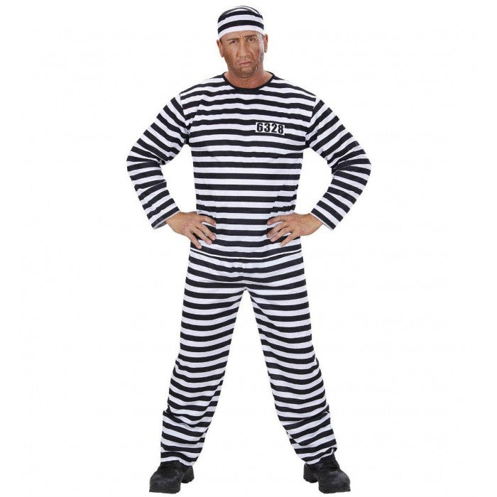 Costume Carcerato Bianco/Nero (Casacca, Pantaloni, Cappello) (M)