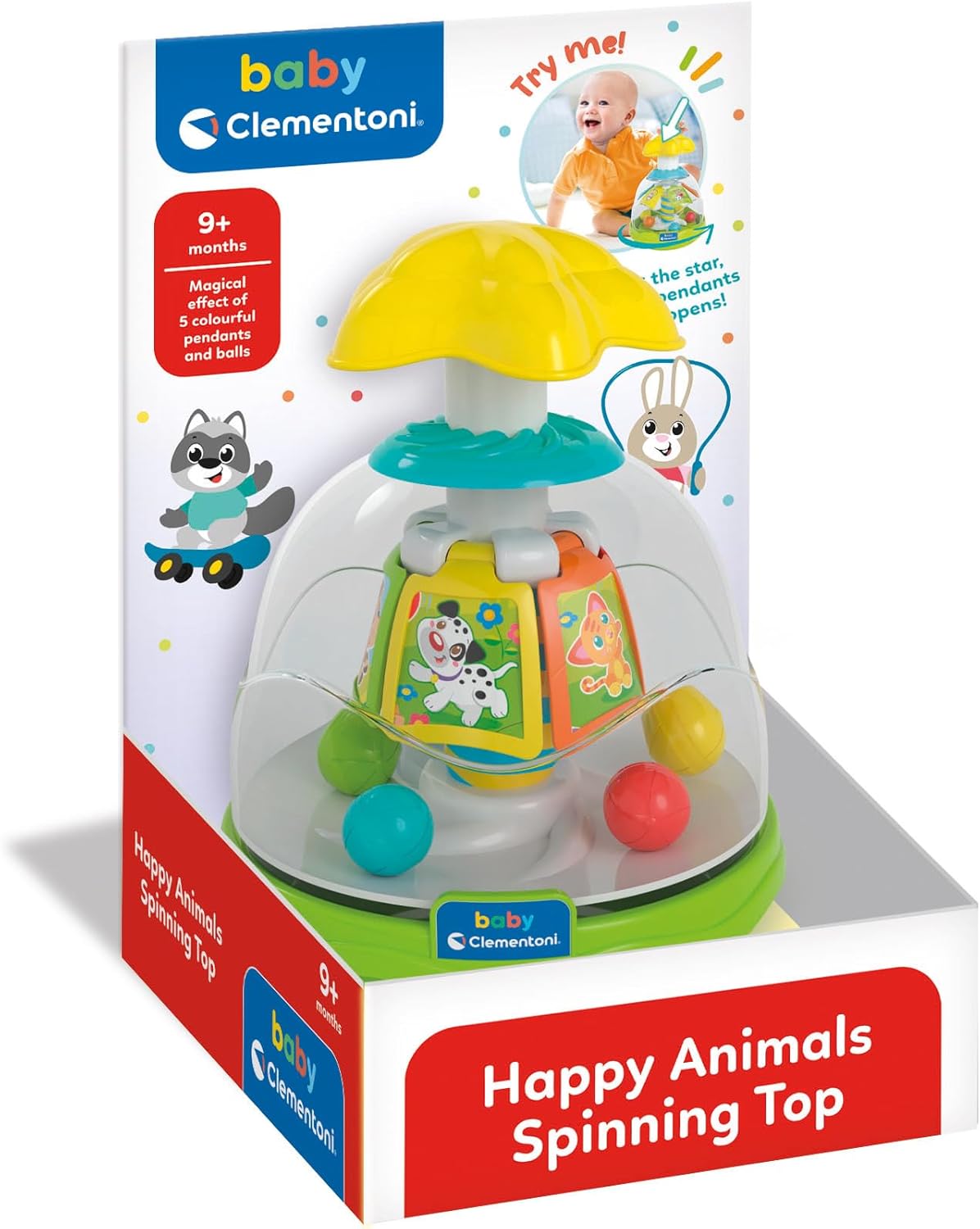 Clementoni - Trottola Bambini, Happy Friends Spinning Top Con Animali