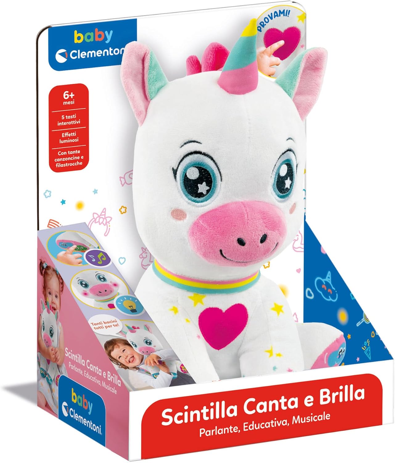 Clementoni Baby Scintilla Unicorno Canta E Brilla, Peluche Interattivo Parlante