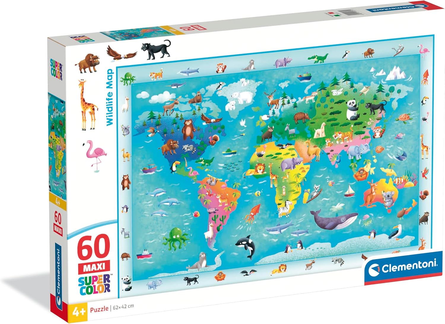 Clementoni - Puzzle 60 Pezzi Supercolor, Illustrazione Animali Wildlife Map
