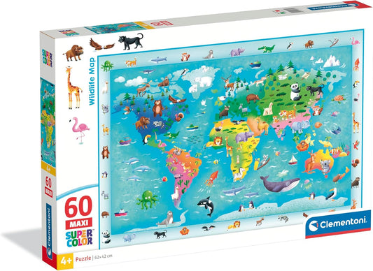 Clementoni - Puzzle 60 Pezzi Supercolor, Illustrazione Animali Wildlife Map