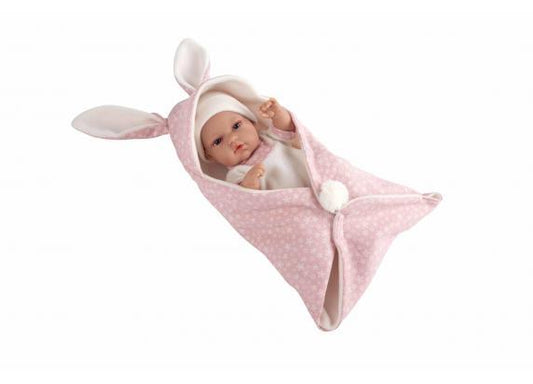 Arias Elegance - Bambola Natal Rosa con Copertina Coniglio 33 cm