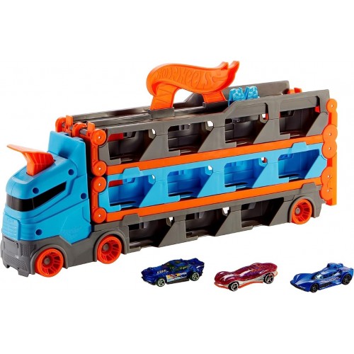 Hot Wheels 2in1 Camion Trasportatore e Pista con 3 Macchinine GVG37