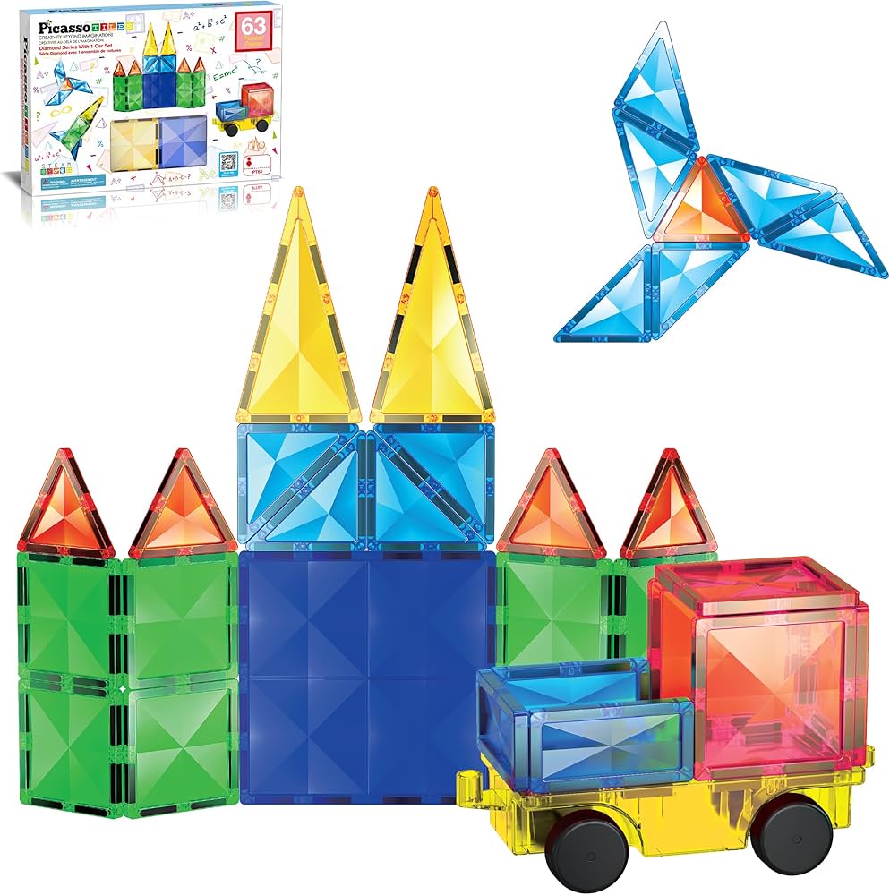 PicassoTiles Magnetic Tiles and Vehicle 63 Pezzi