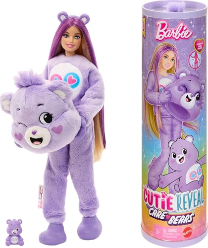 Barbie - Cutie Reveal Serie Care Bears, bambola con costume di orso di peluche Share Bear, 10 accessori a sorpresa cambia colore tra cui un mini orso inclusi,Mattel,Eta 3+