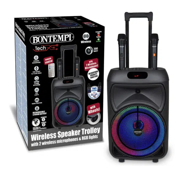 Bontempi Cassa Trolley Acustica Wireless con 2 Microfoni e Luci RGB