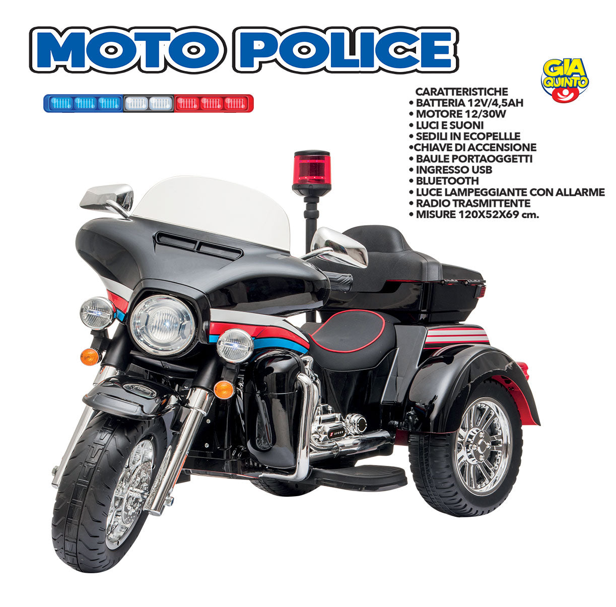 Moto elettrica della polizia americana a 3 ruote per bambini 12V Polizia Washington Nero