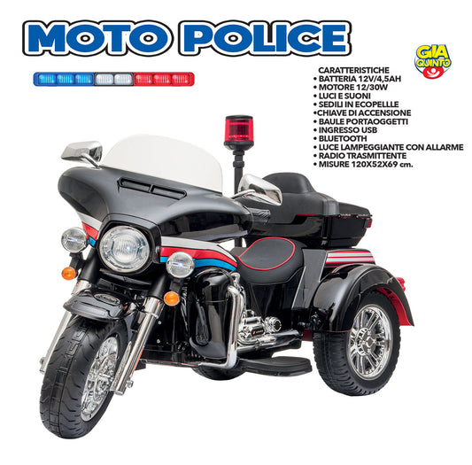 Moto elettrica della polizia americana a 3 ruote per bambini 12V Polizia Washington Nero