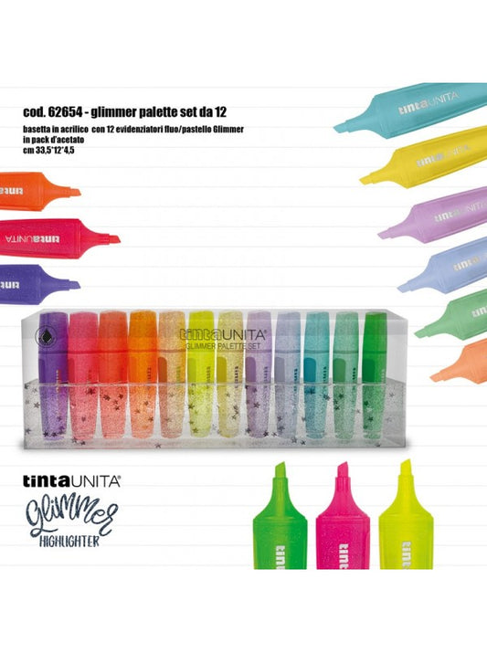 Palette Base trasparente porta 12pz Evidenziatori Fluo e pastello glitter TintaUnita Glimmer
