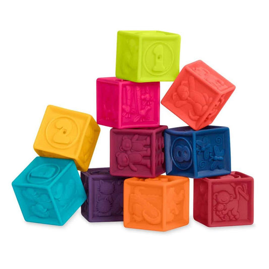 One Two Squeeze® Baby Blocks – Un set di 10 cubetti morbidi e colorati, spremibili e adatti per la dentizione.