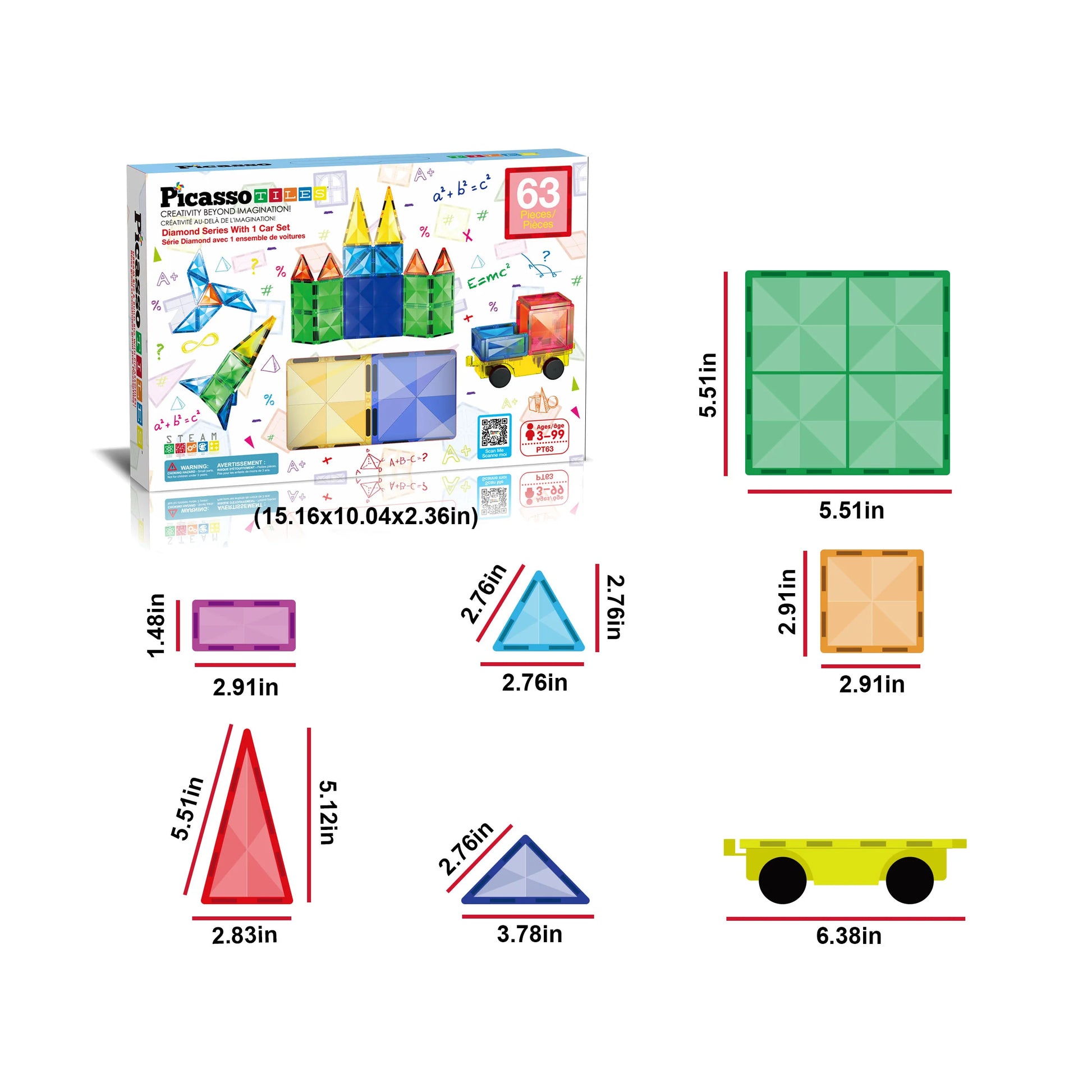 PicassoTiles Magnetic Tiles and Vehicle 63 Pezzi